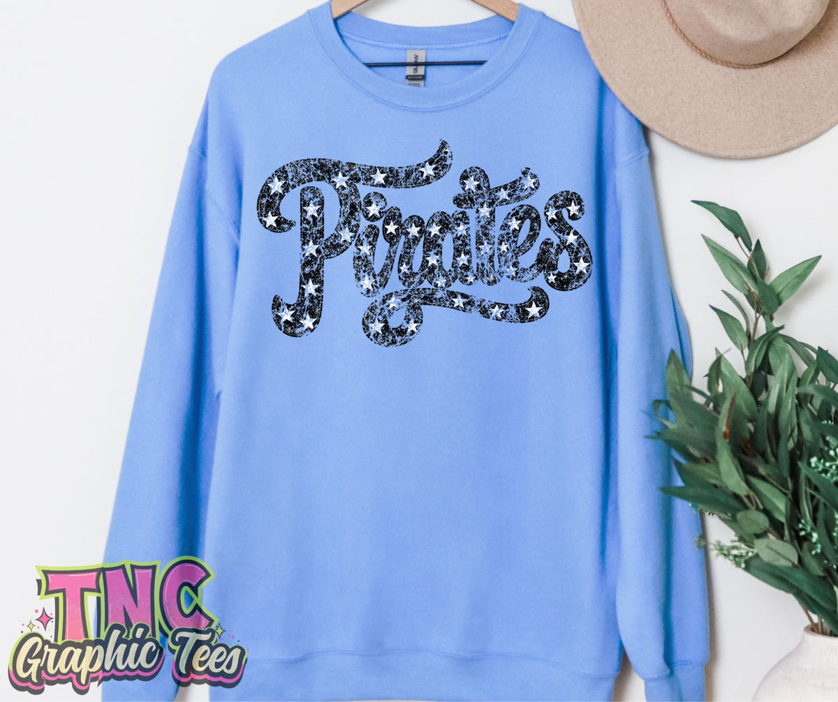 Pirates Sparkle Script crewneck on Carolina Blue Gildan