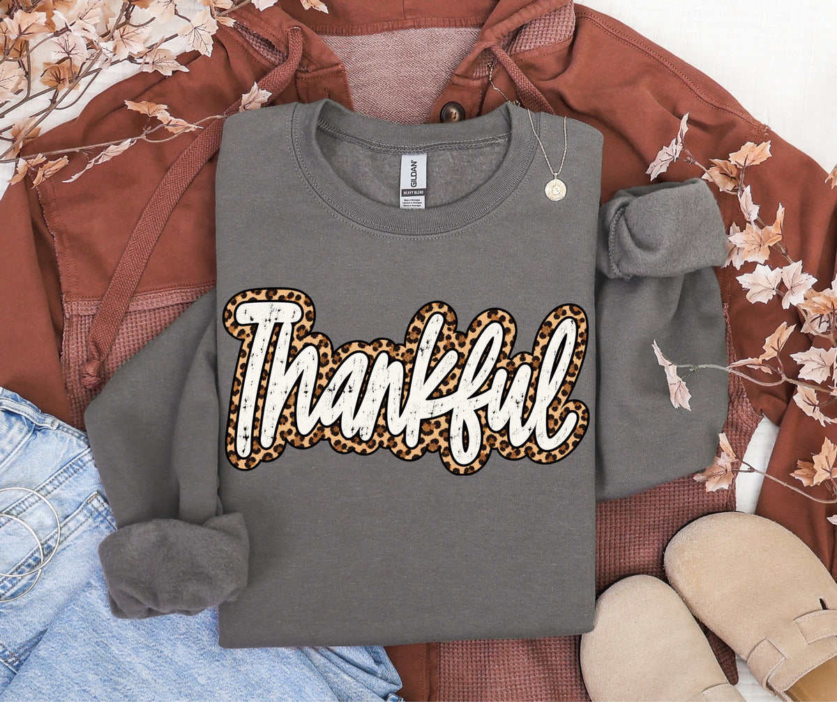 Leopard Thankful crewneck on Charcoal Gildan