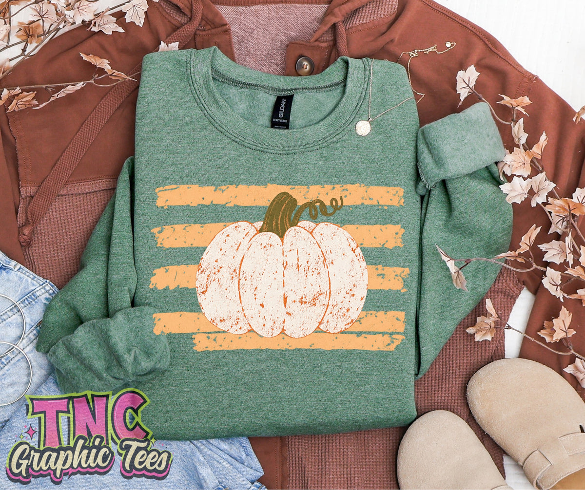 Striped Pumpkin crewneck on Heather Sport Dark Green Gildan