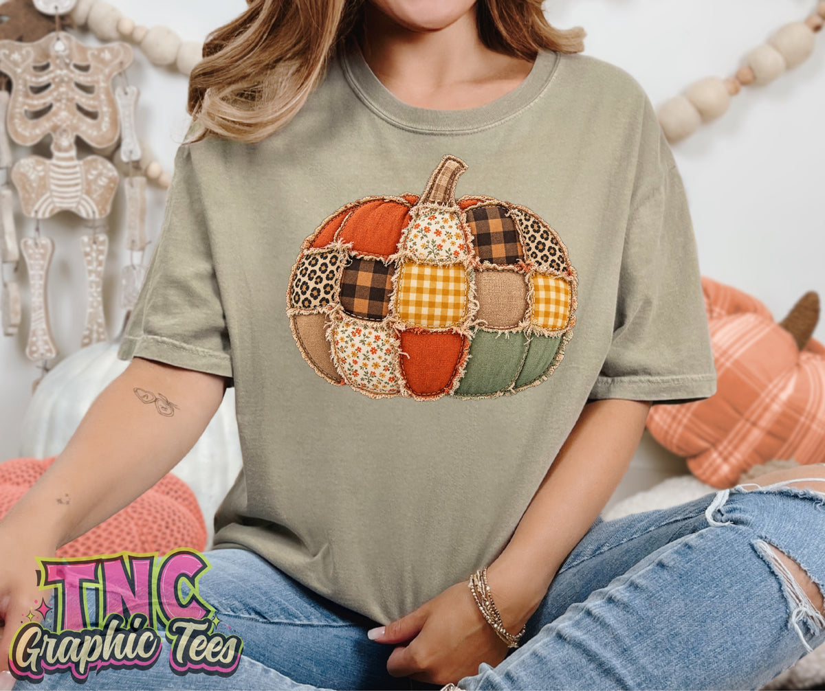 Patchwork Pumpkin tee on Sandstone Comfort Colors