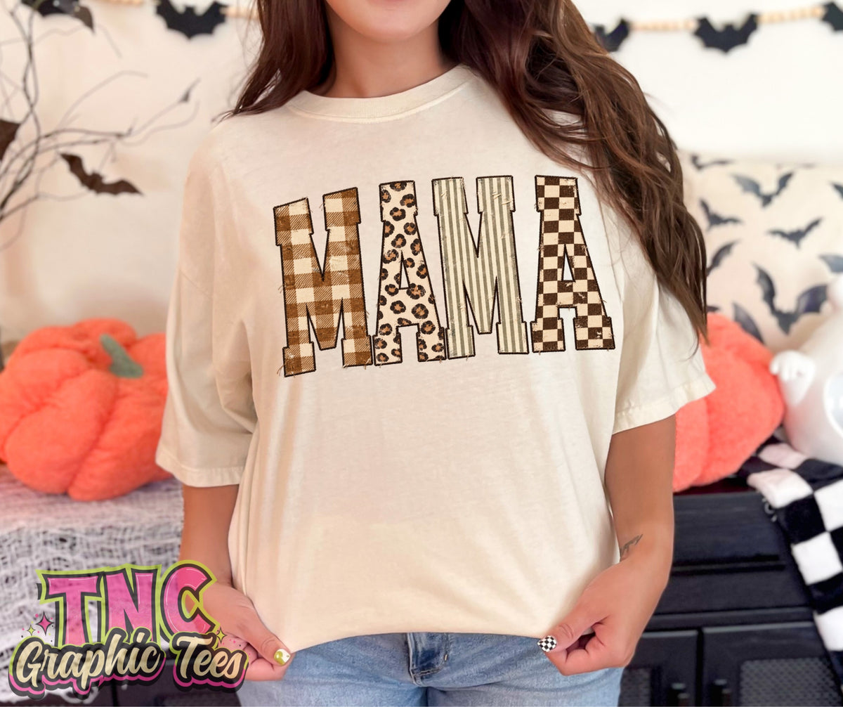 Leopard & Checkered Mama tee on Ivory Comfort Colors