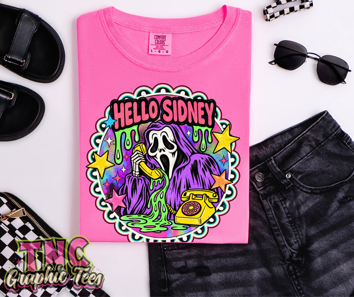 Hello Sidney tee on Neon Pink Comfort Colors