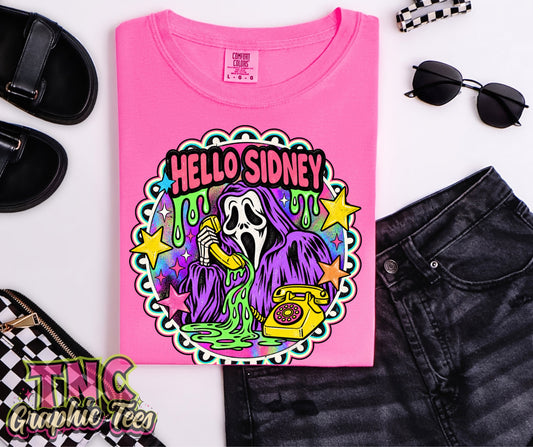 Hello Sidney tee on Neon Pink Comfort Colors