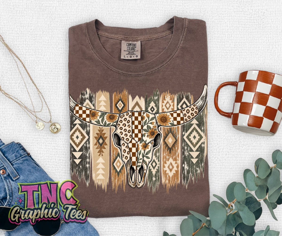 Aztec Steer Skull tee on Espresso Comfort Colors