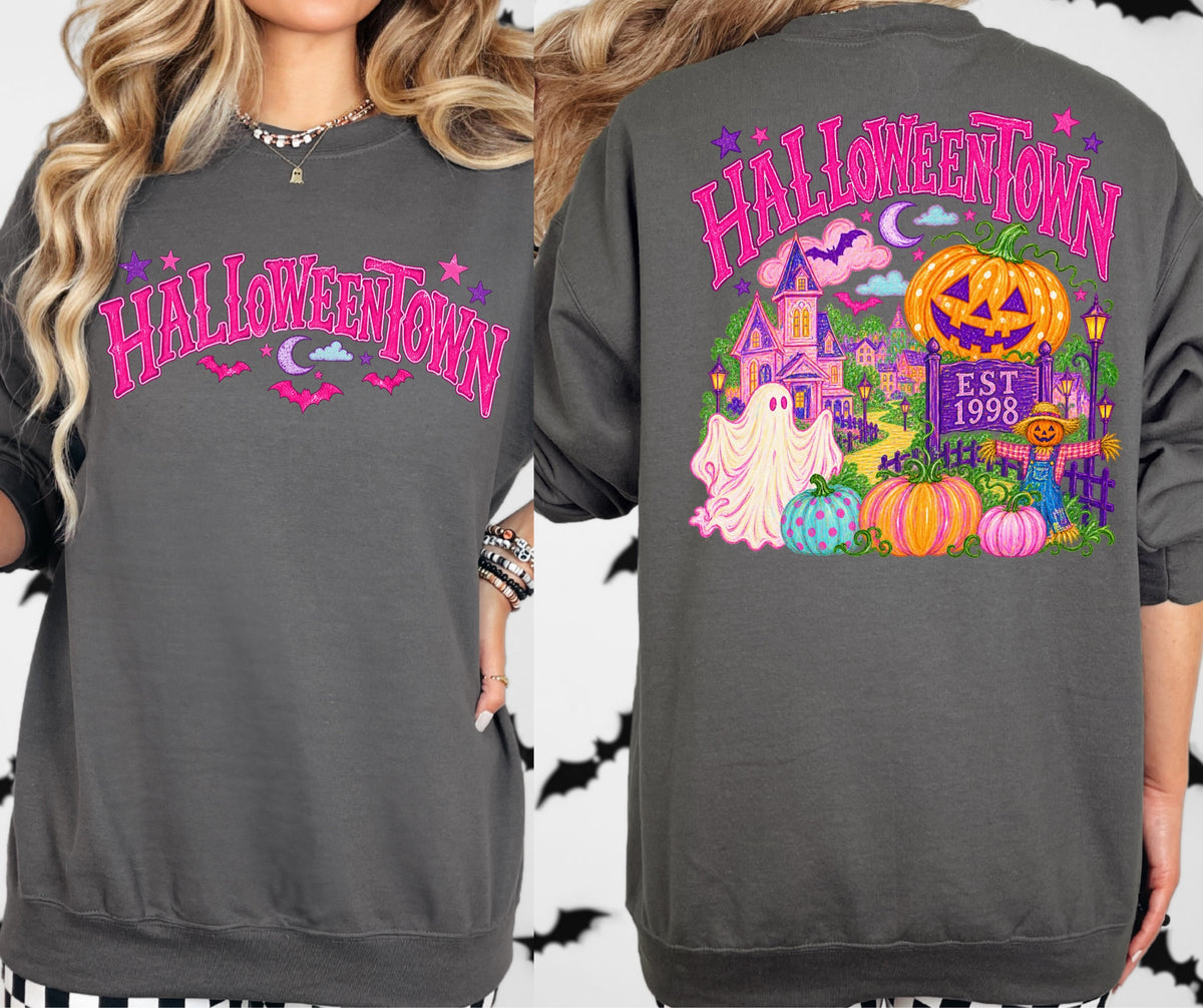Halloweentown Front & Back crewneck on Charcoal Gildan