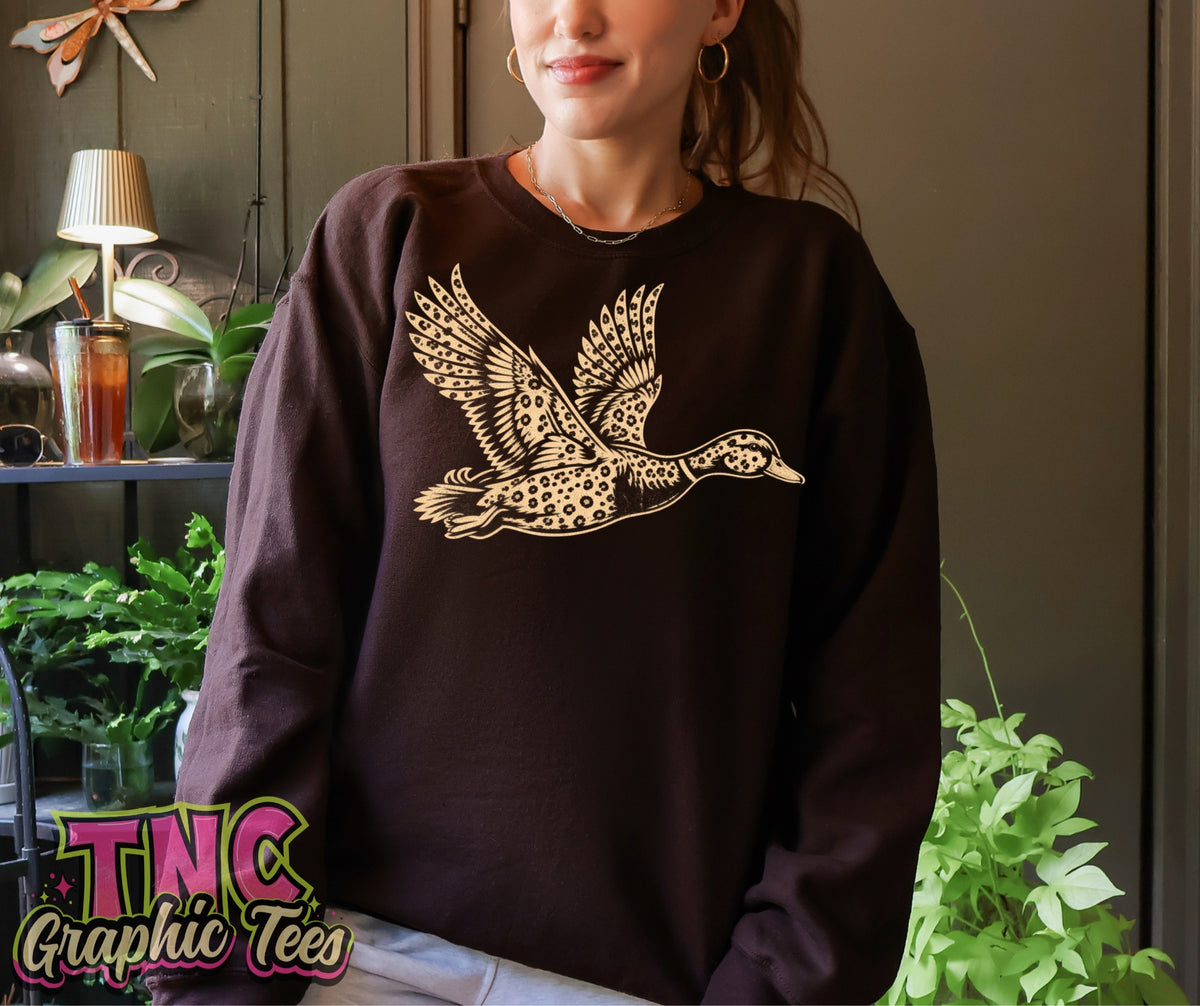 Leopard Duck crewneck on Dark Chocolate Gildan