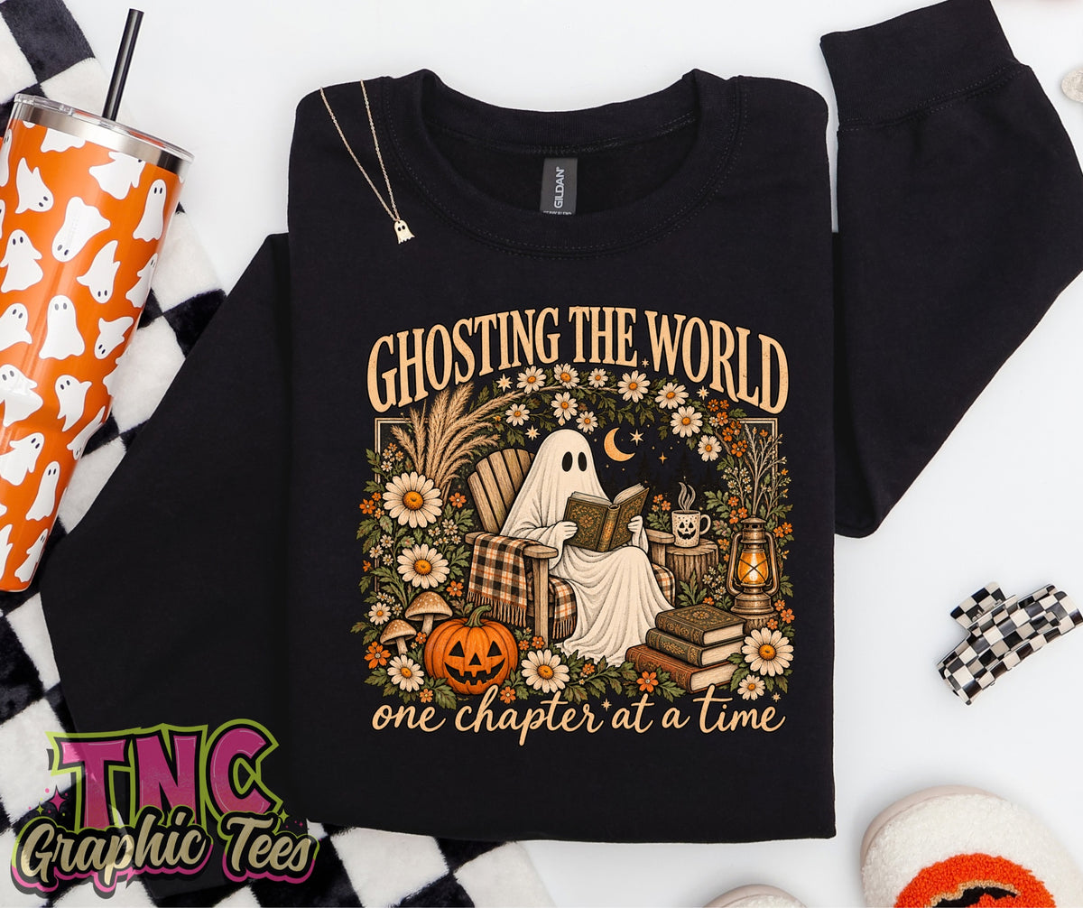 Ghosting the World crewneck on Black Gildan
