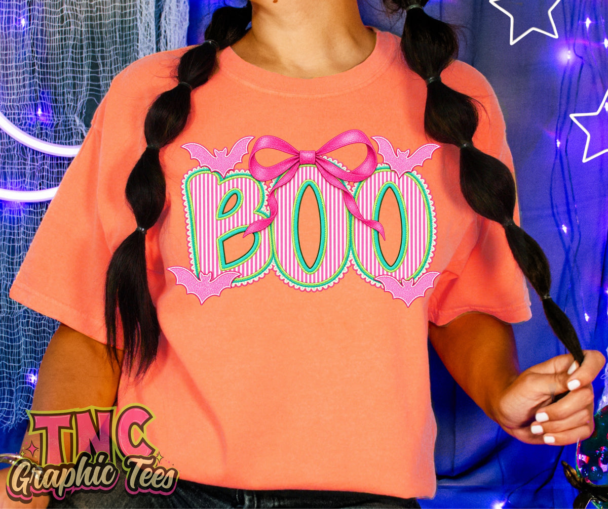 Boo Bow tee on Neon Cantaloupe Comfort Colors