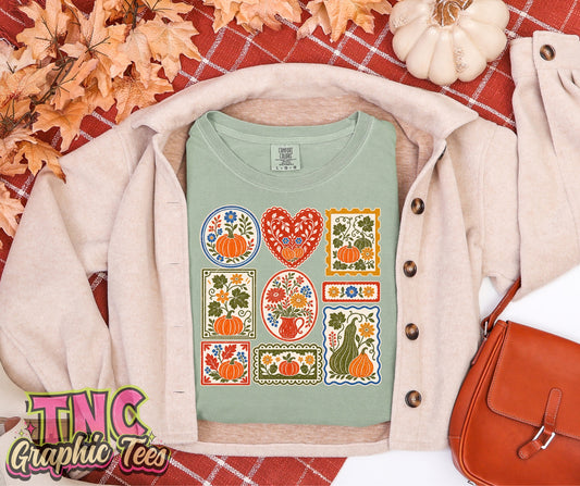 Folk Pumpkin Patchwork tee on Sage Comfort Colors