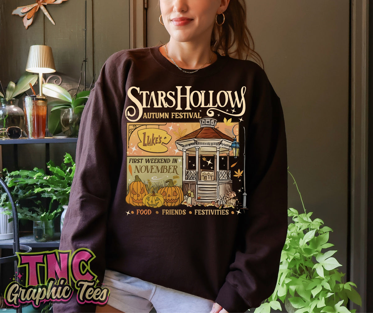Stars Hollow Autumn Festival crewneck on Dark Chocolate Gildan